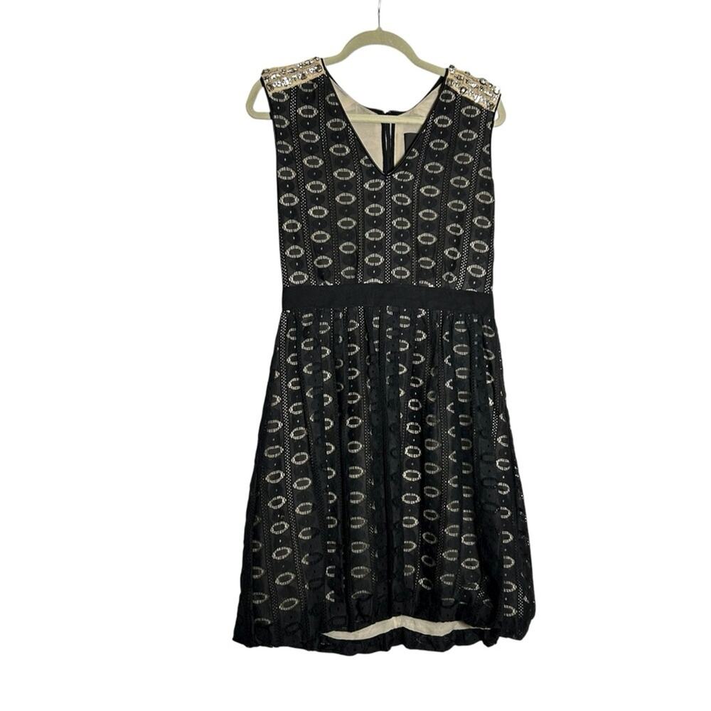 Yigal Azrouel Black Lace Bejeweled Cotton Silk‎ Lined Leathwr Trim Mini Dress 6